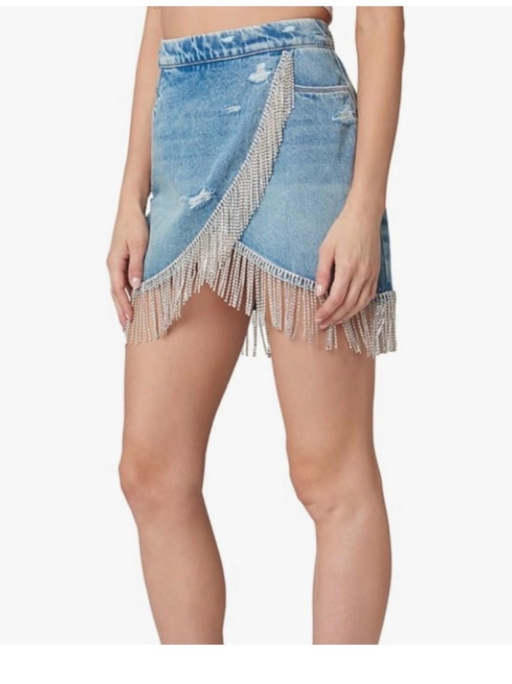 BLANKYC denim mink skirt with rhinestone fringe - Picture 10 of 11